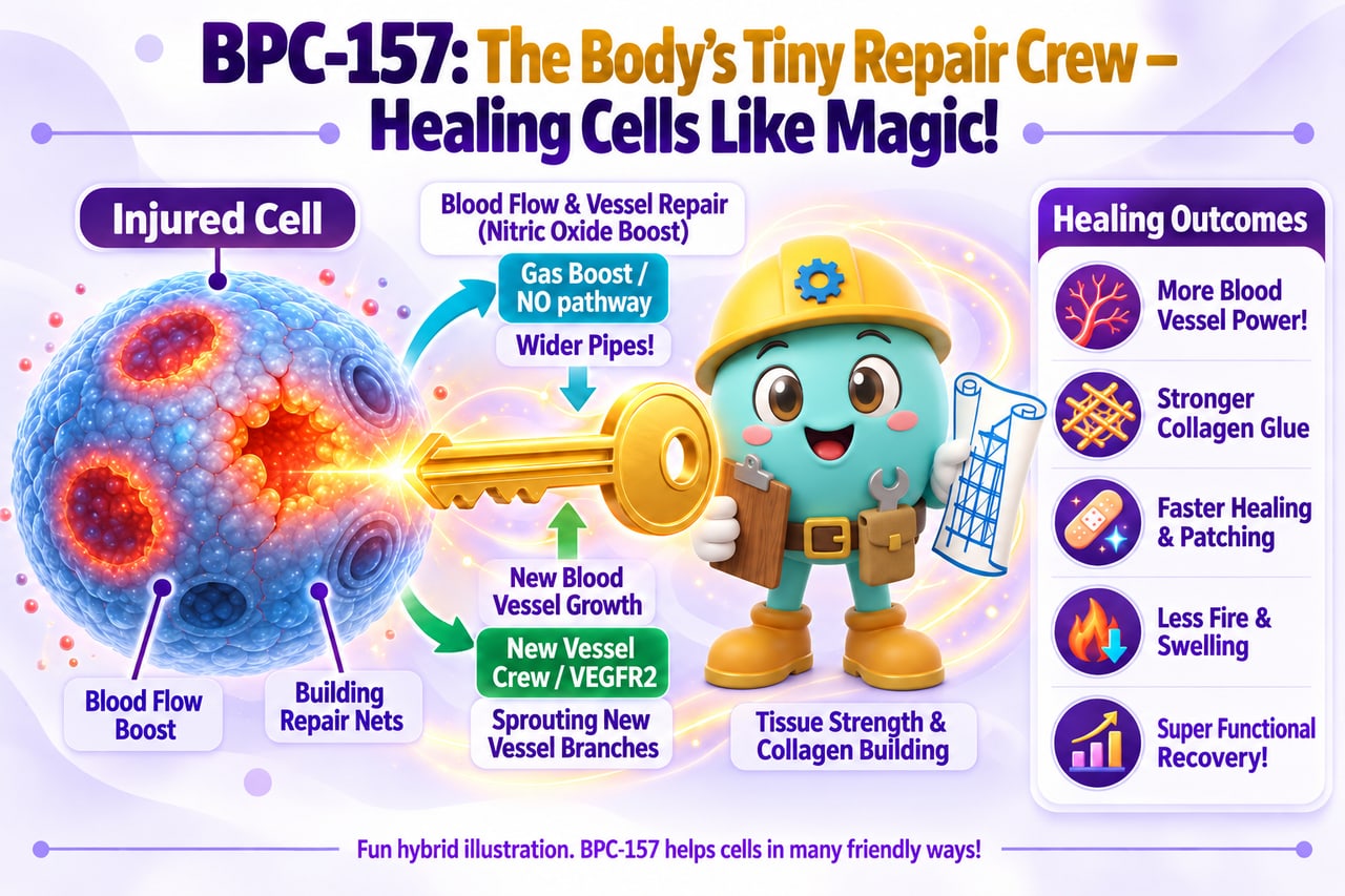 Illustrated diagram of BPC-157's proposed mechanism: blood flow & vessel repair via the nitric oxide pathway, new blood vessel growth via VEGFR2, and tissue strength & collagen building.