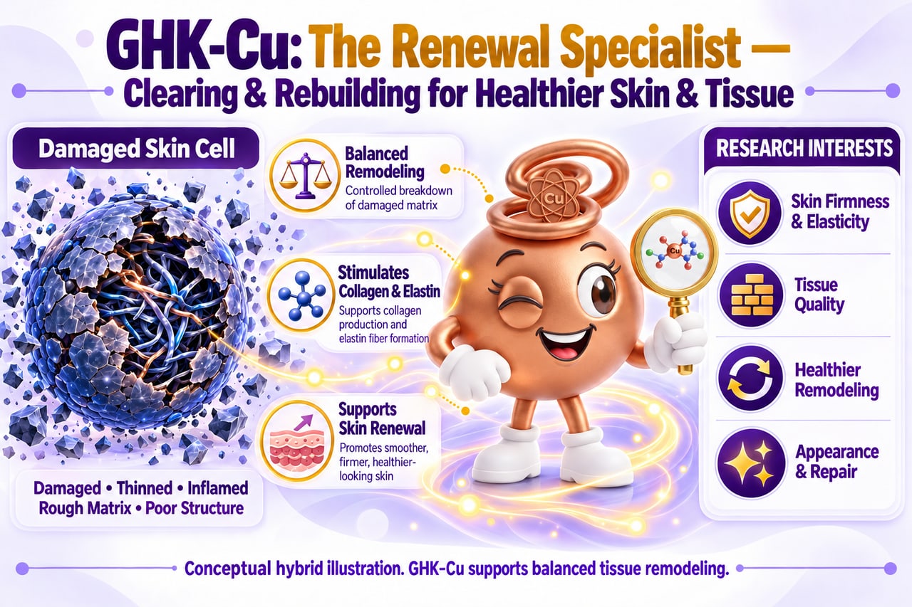 Illustrated diagram of GHK-Cu's balanced remodeling: controlled clearing of damaged matrix and rebuilding via collagen and elastin support.