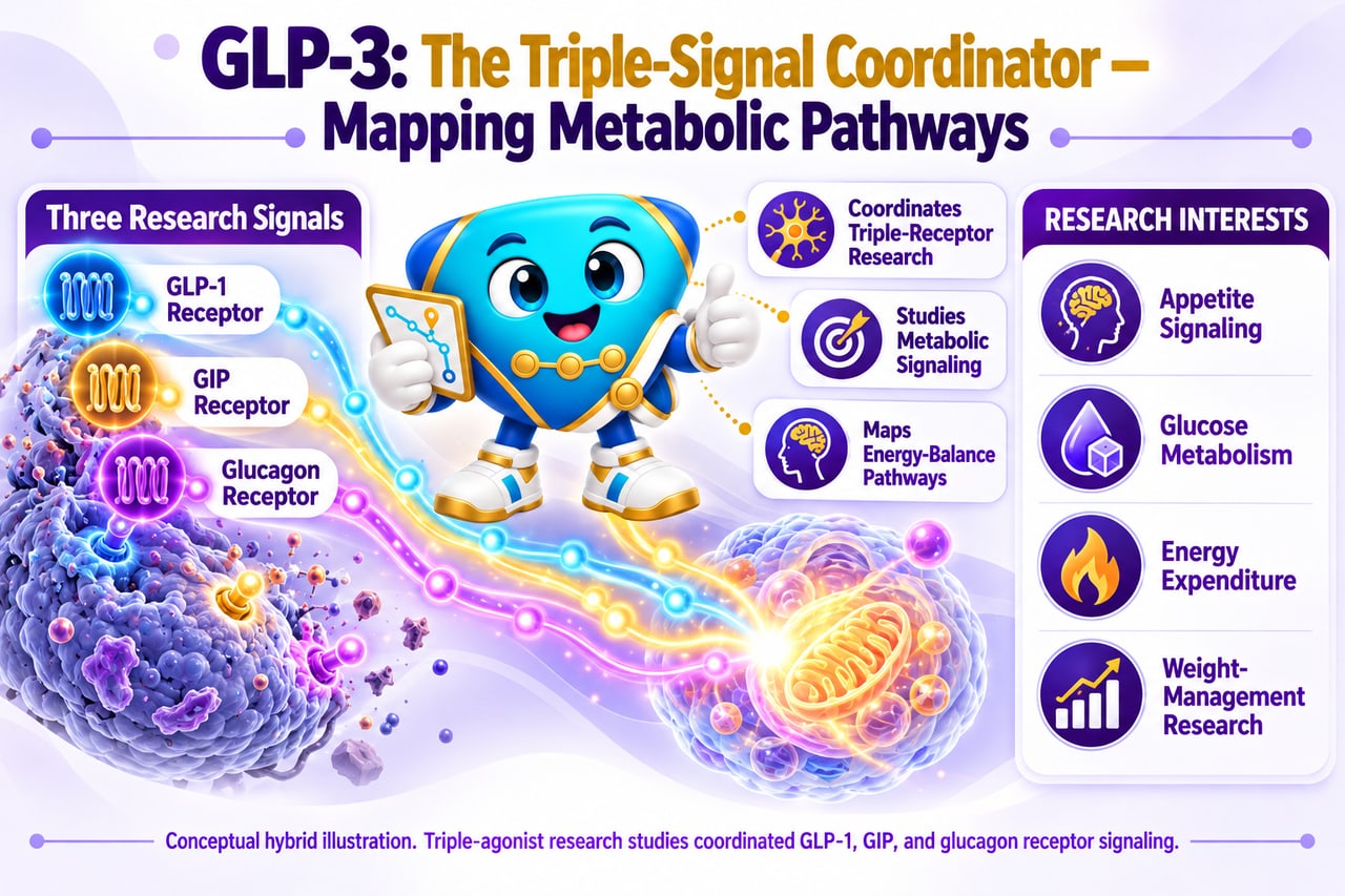 Illustrated diagram of a triple-receptor agonist coordinating GLP-1, GIP, and glucagon receptor signaling and mapping metabolic energy-balance pathways.