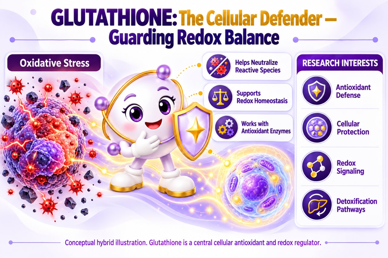 Illustrated diagram of glutathione neutralizing reactive species, supporting redox homeostasis, and working with antioxidant enzymes.