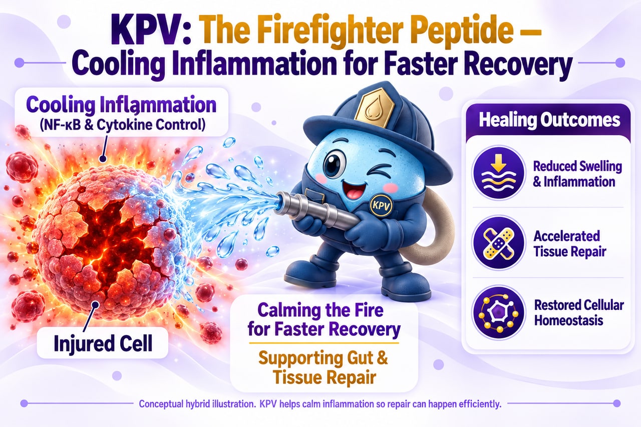 Illustrated diagram of KPV cooling inflammation at an injured cell, supporting gut and tissue repair.