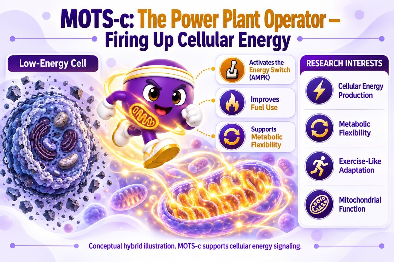 Illustrated diagram of MOTS-c activating AMPK, improving fuel use, and supporting metabolic flexibility.