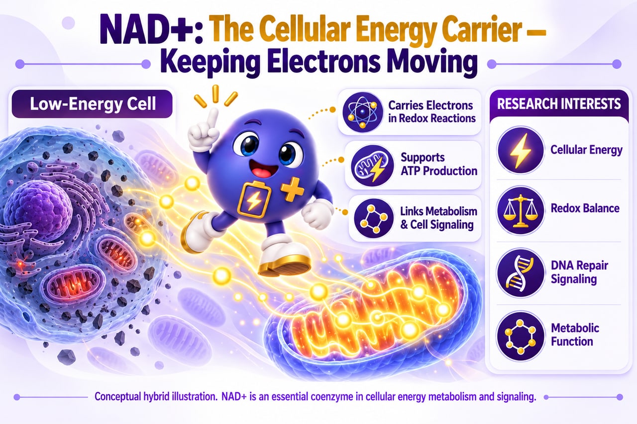 Illustrated diagram of NAD+ carrying electrons in redox reactions, supporting ATP production, and linking metabolism to cell signaling.