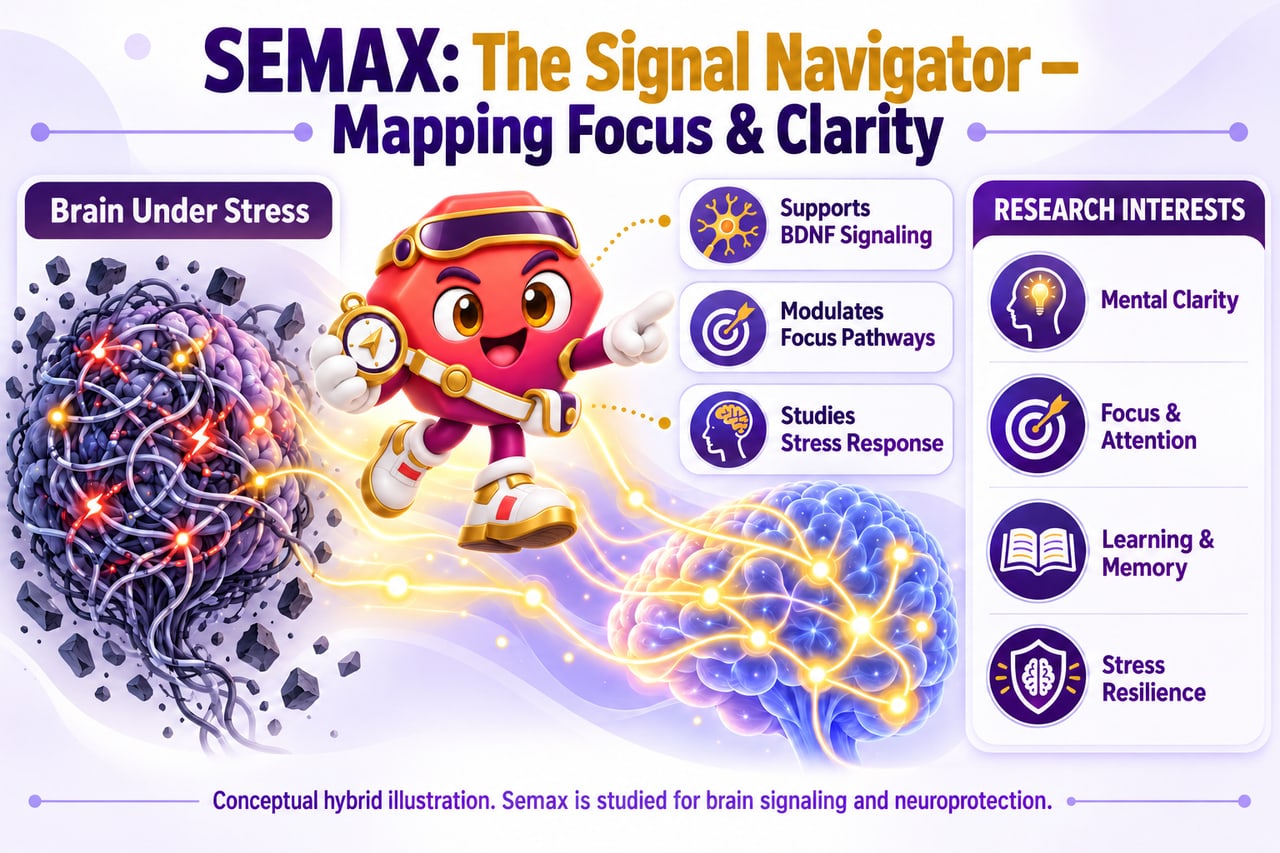 Illustrated diagram of Semax supporting BDNF signaling, focus and mood chemistry, and stress-response pathways in the brain.