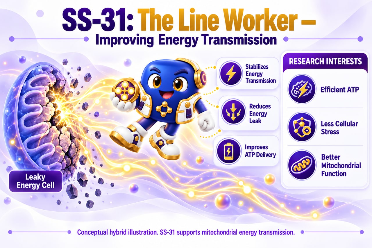 Illustrated diagram of SS-31 stabilising energy transmission at the inner mitochondrial membrane, reducing electron leak and improving ATP delivery.