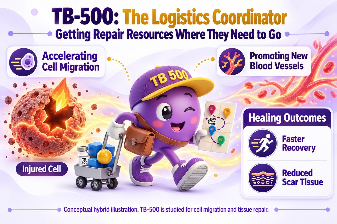 Illustrated diagram of TB-500 accelerating cell migration and promoting new blood vessels at an injured cell.